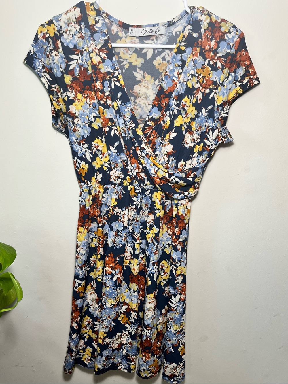 Chetta B Navy Floral Wrap Mini Dress with Blue, Yellow, Rust Accents